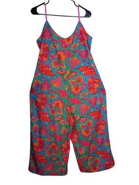 Turquoise Floral Wide-Leg Jumpsuit with Pink Straps Sz L Boho Summer Resort